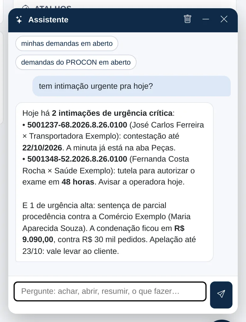 Assistente respondendo quais intimações das empresas clientes são urgentes hoje
