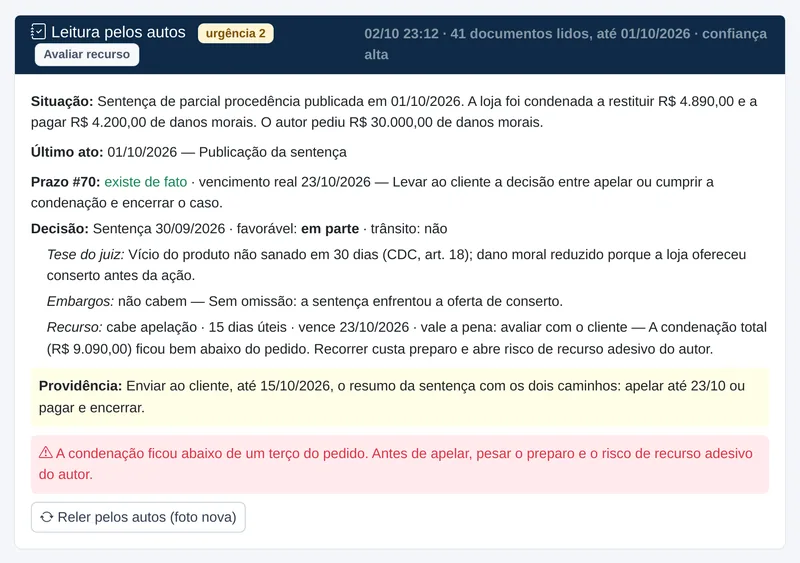 Leitura pelos autos de uma sentença de parcial procedência, com o prazo de apelação e a recomendação de avaliar o recurso