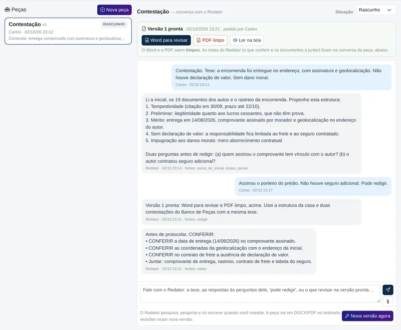 Conversa com o Redator na contestação de uma transportadora, com a lista do que conferir